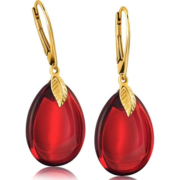 Jewelry - Red Earrings for Women - Gold Plated Silver Leaf Fitting and Closure, Lightweigh